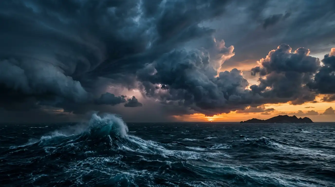 Vedere aeriană stilizată a zonei Triunghiului Bermudelor cu nori de furtună deasupra oceanului Atlantic