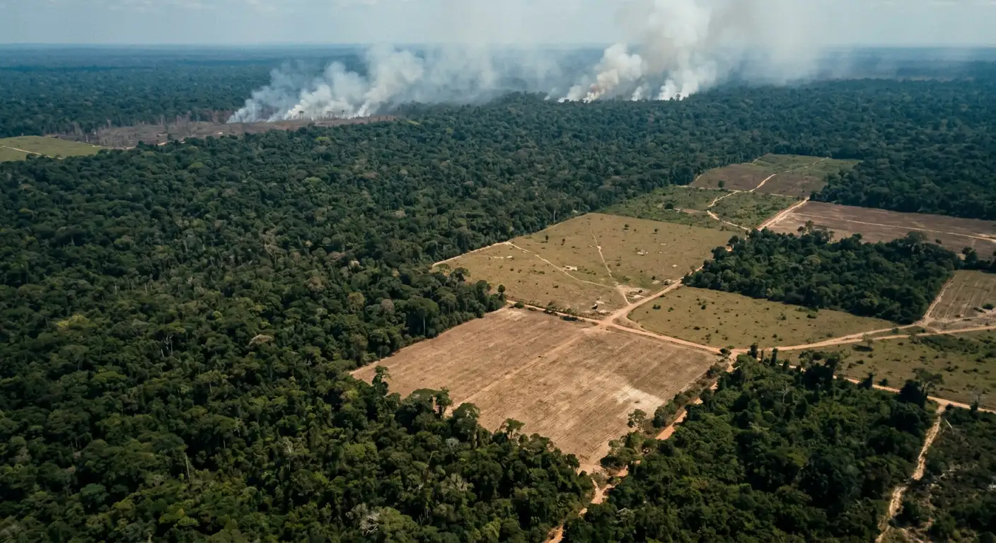 Vedere aeriană a pădurii tropicale amazoniene cu zone defrișate evidente și fum de la incendii
