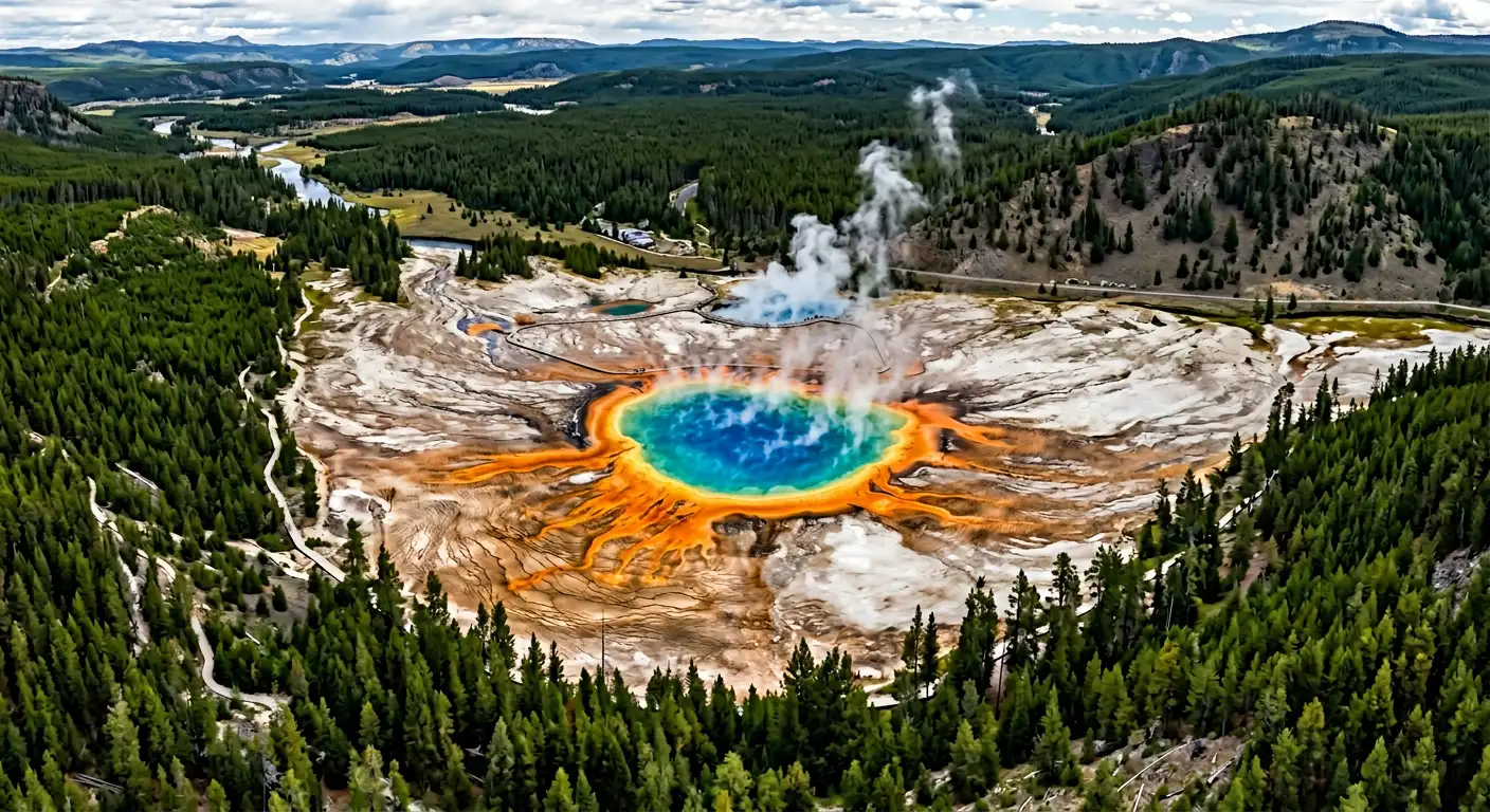 Yellowstone Grand Prismatic Spring cu culori curcubeu spectaculoase, izvoare termale și aburi ridicându-se, vedere aeriană