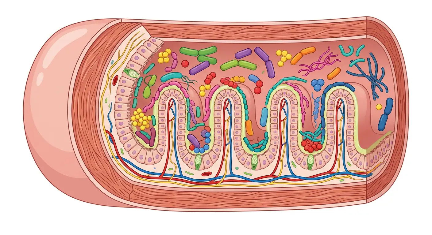 Ilustrație științifică a intestinului uman cu microorganisme colorate reprezentând microbiomul și conexiunea cu creierul