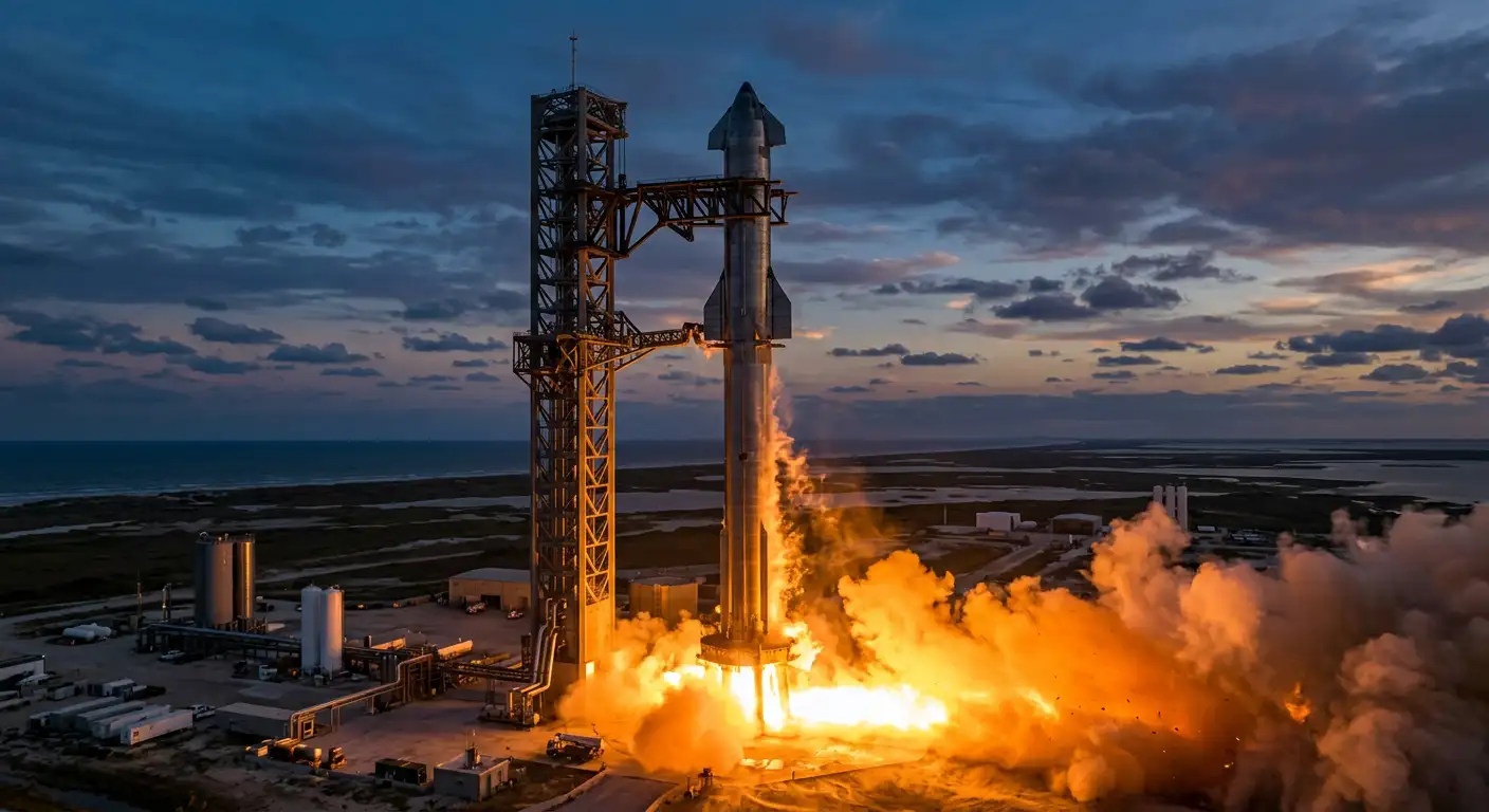 Racheta Starship a SpaceX cu booster-ul Super Heavy pe rampa de lansare Starbase, Texas, înainte de decolare