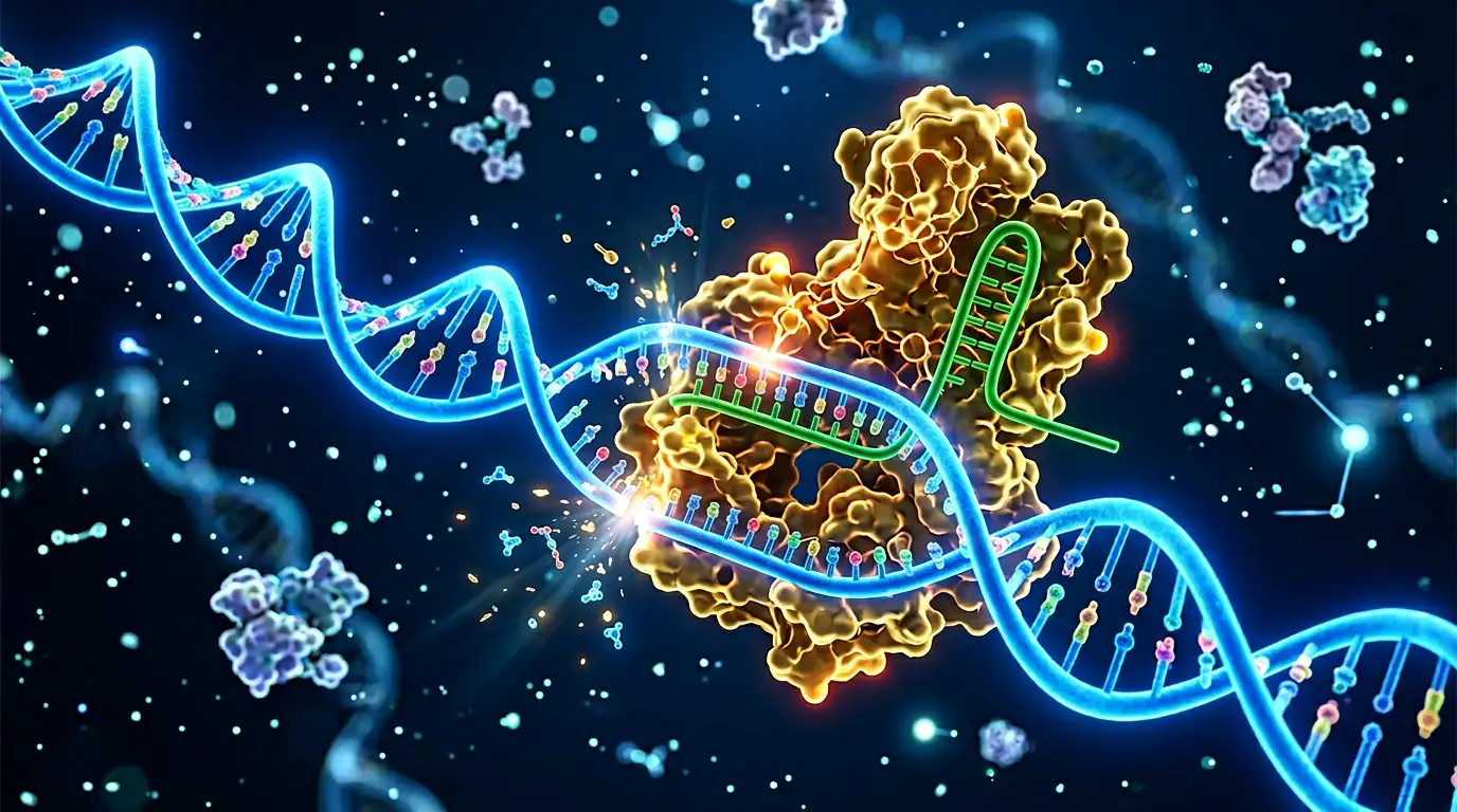 Ilustrație CRISPR-Cas9 editând o spirală ADN — foarfece moleculare tăind dubla helix